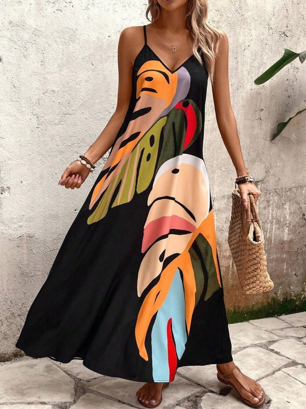 Multicolor Casual Women's Colorful Leaf Printed Strappy Dress Maxi Outfit - Picture 7 of 7